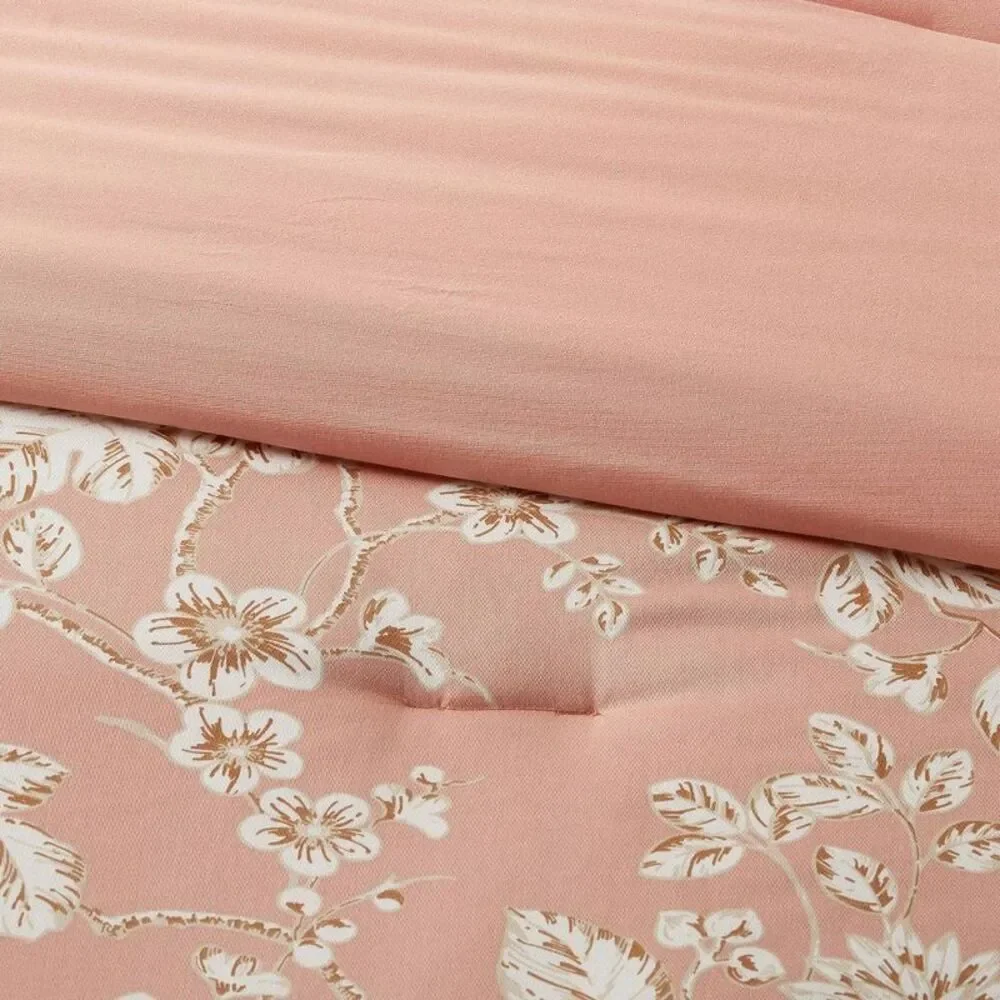 Full/Queen Floral Print Comforter Set - Light Pink Cotton Sateen